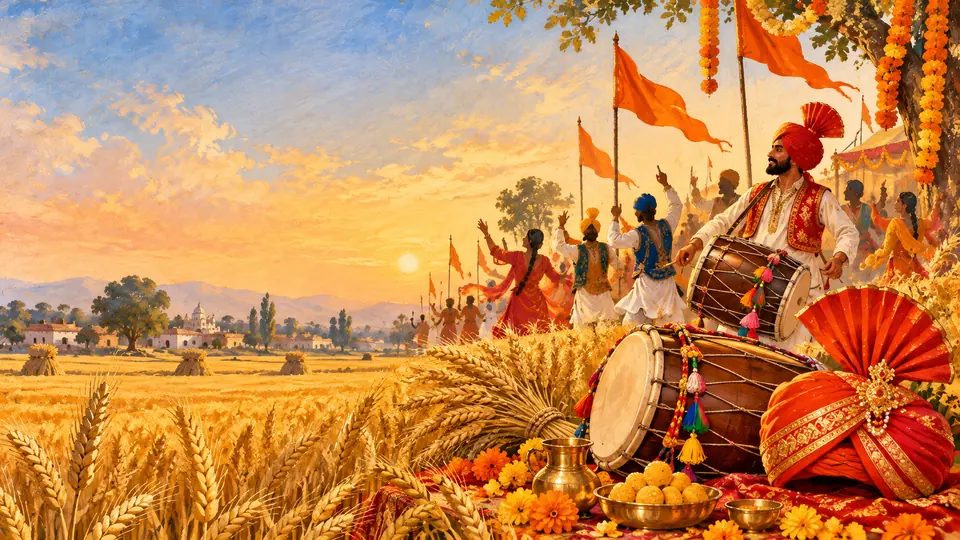 Golden wheat fields at harvest with a dhol, a red turban and orange flags as villagers celebrate in the sunset.