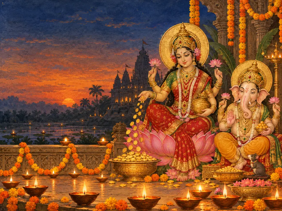 Goddess Lakshmi seated on a lotus pouring gold coins, with Lord Ganesha beside her, among lit clay diyas and marigold garlands at a temple at dusk.