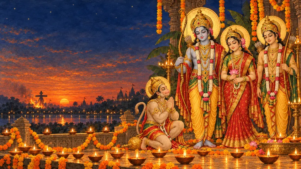 Shri Ram, Sita and Lakshmana standing calmly with Hanuman kneeling in devotion, a dusk sky behind them.