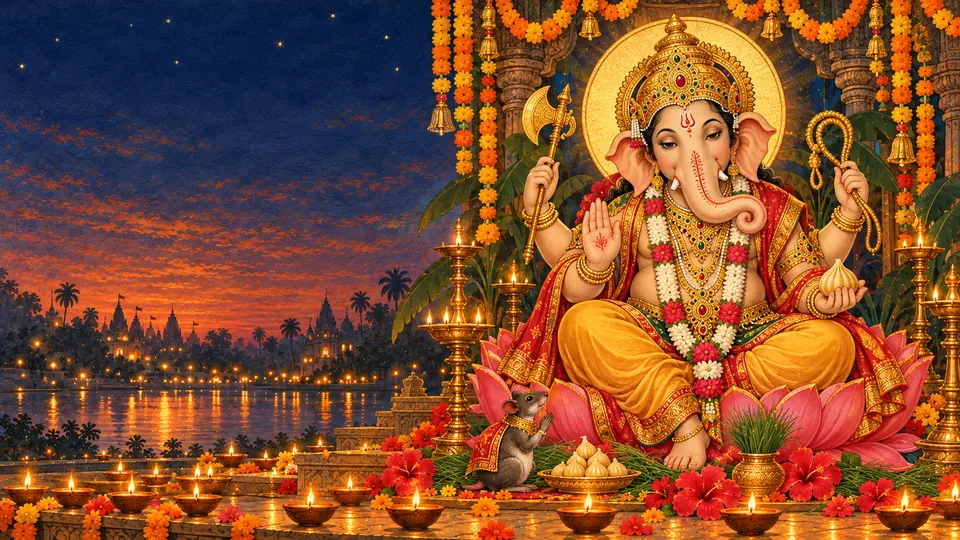 Lord Ganesha seated on a pink lotus with a modak, his mouse at his feet, red hibiscus and lit diyas by a sacred river at twilight.