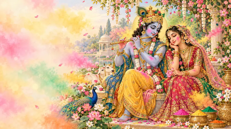 Radha and Krishna seated together in a blossoming garden, with soft clouds of coloured gulal, flowers and a peacock.