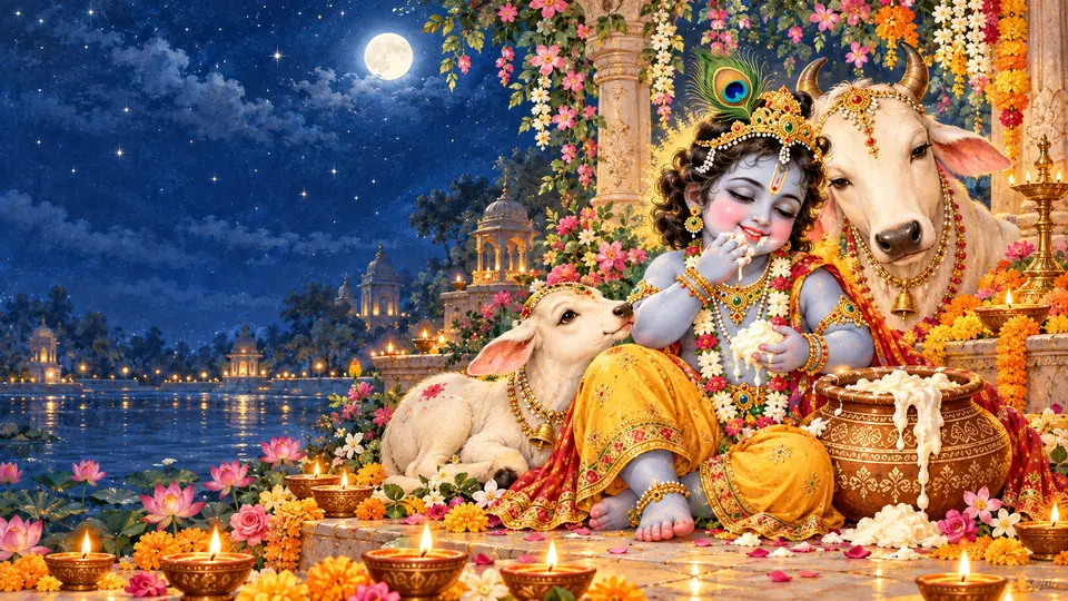Baby Krishna with butter, a cow and calf, and a pot of butter under a full moon beside a lotus-filled river.