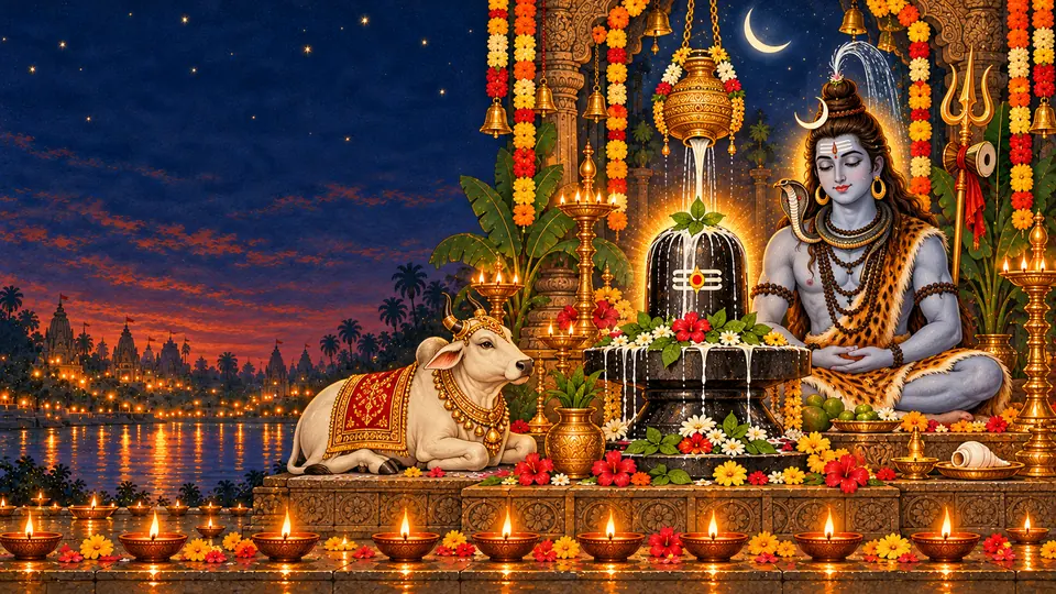 A Shiva linga bathed in milk with bilva leaves, a meditating Shiva, Nandi, a crescent moon and rows of lamps by the Ganga.