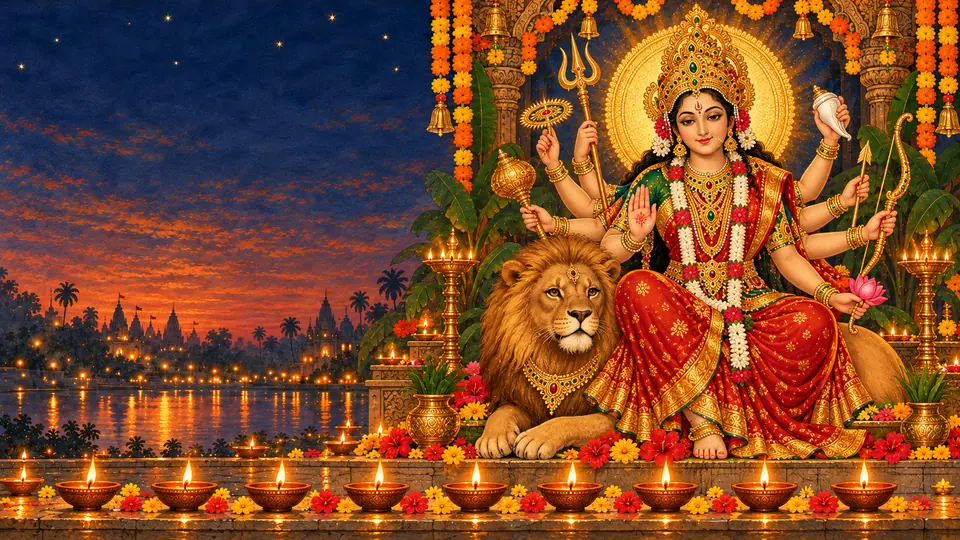 Goddess Durga seated beside a gentle lion with lit diyas and marigold garlands on a riverside at dusk.