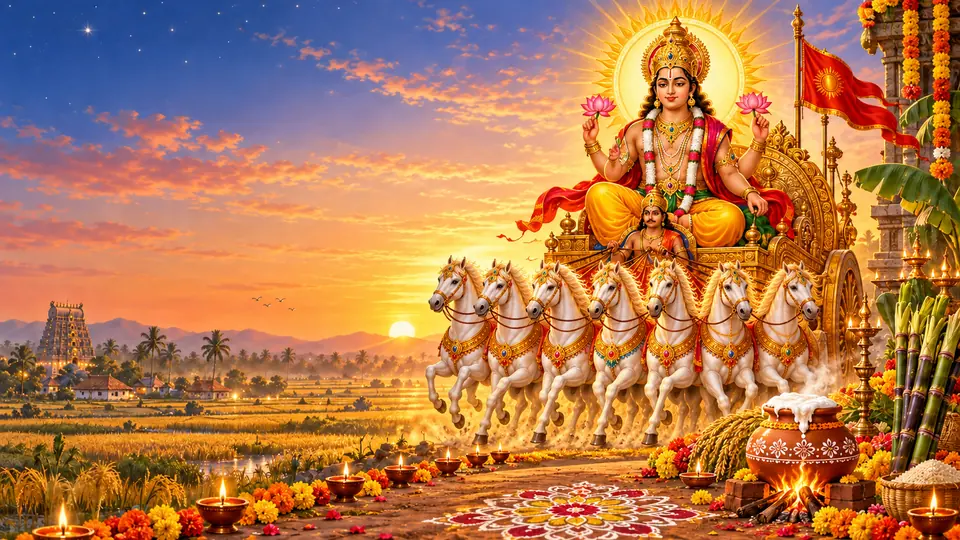 Surya Dev on his chariot of seven horses at sunrise, a boiling pot of pongal, sugarcane and a kolam among harvest fields.