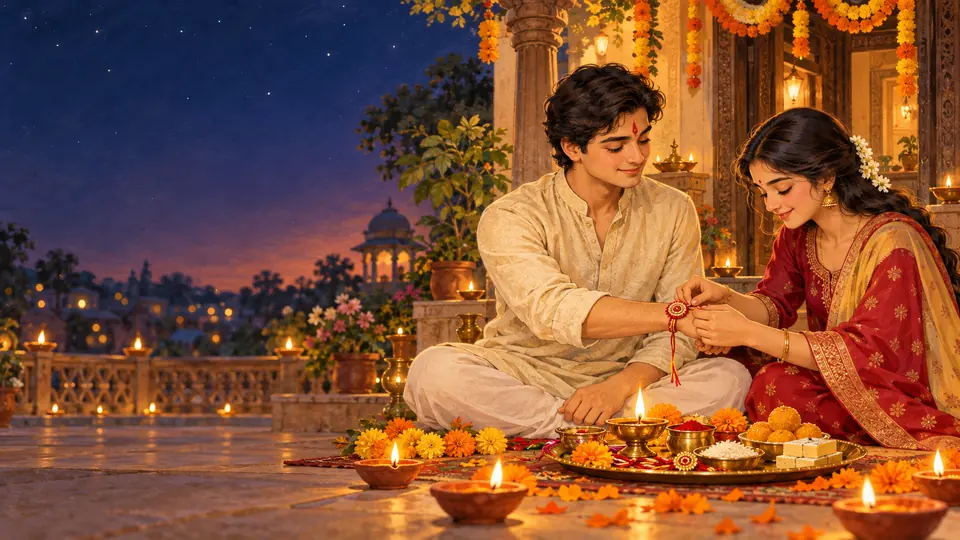 A sister tying a rakhi on her brother's wrist beside a thali with a diya, sweets and marigolds in a courtyard at dusk.