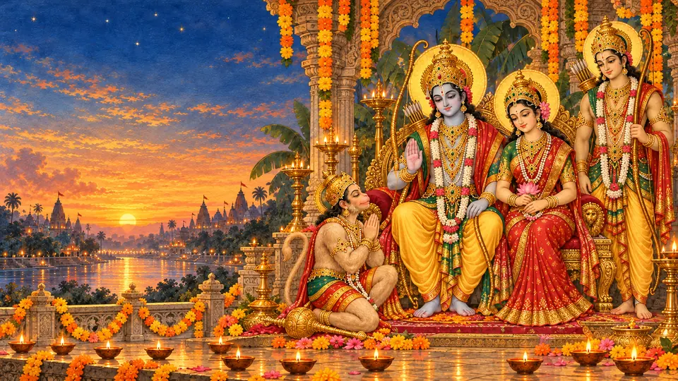 Ram Darbar at sunrise: Shri Ram with Sita and Lakshmana, and Hanuman seated at their feet, among marigold garlands.