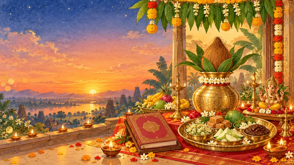 A brass kalash with a coconut and mango leaves, a plate of the six Ugadi tastes and a panchang at a sunrise veranda.